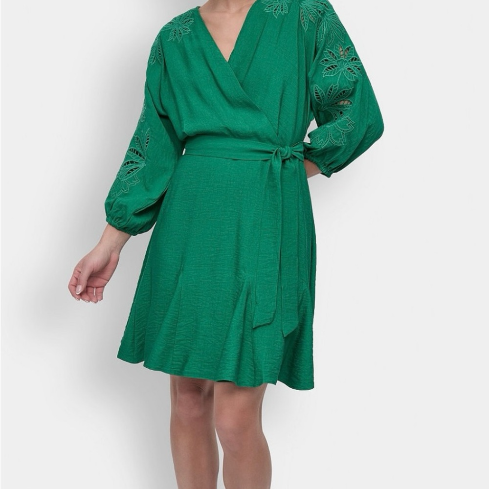 Green Wrap Dress with Embroidered Sleeves